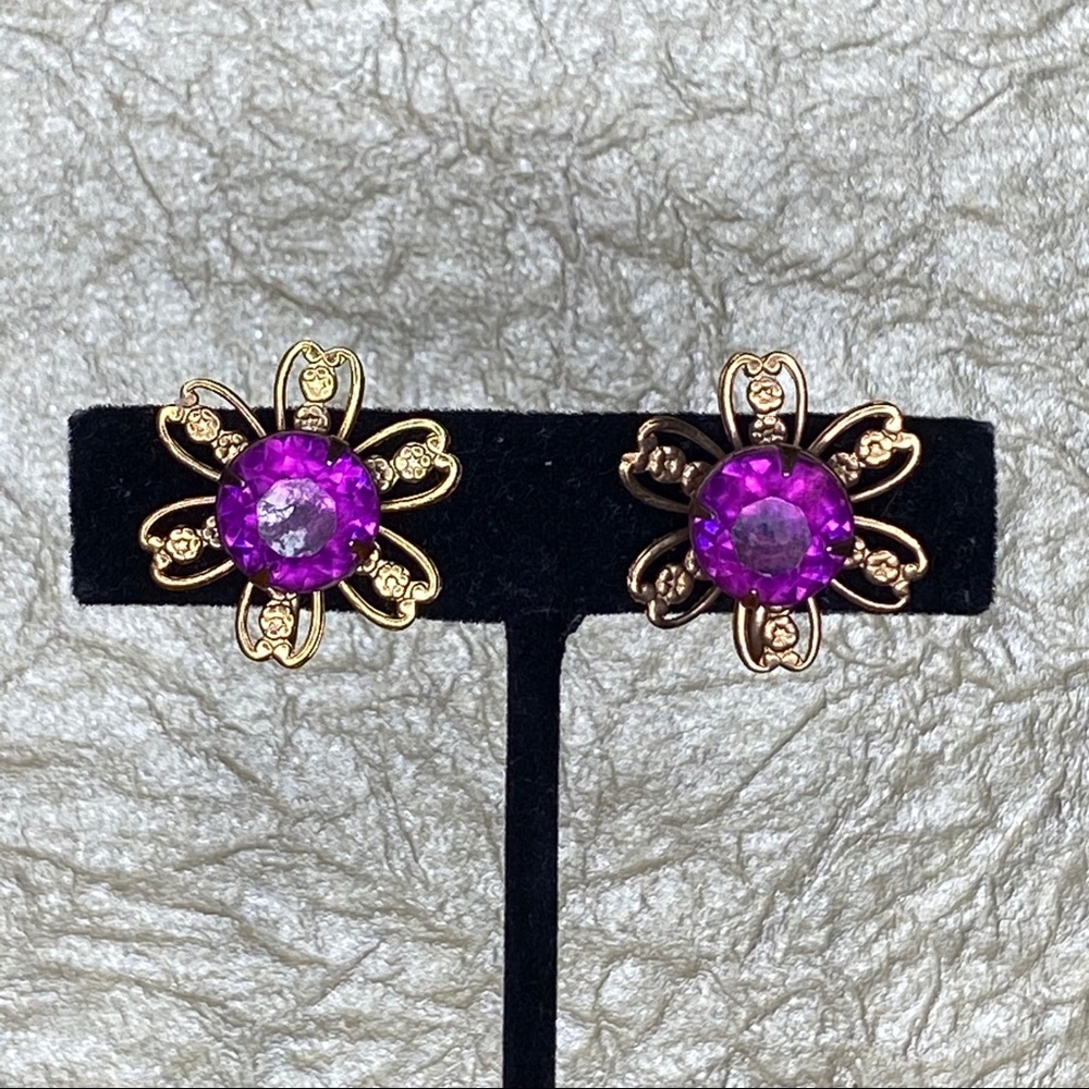 Vintage Copper w/ Purple Crystal Flower Screw Back